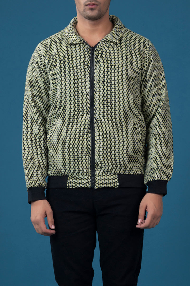 Weaved Collar Style Contrast Rib Jacket