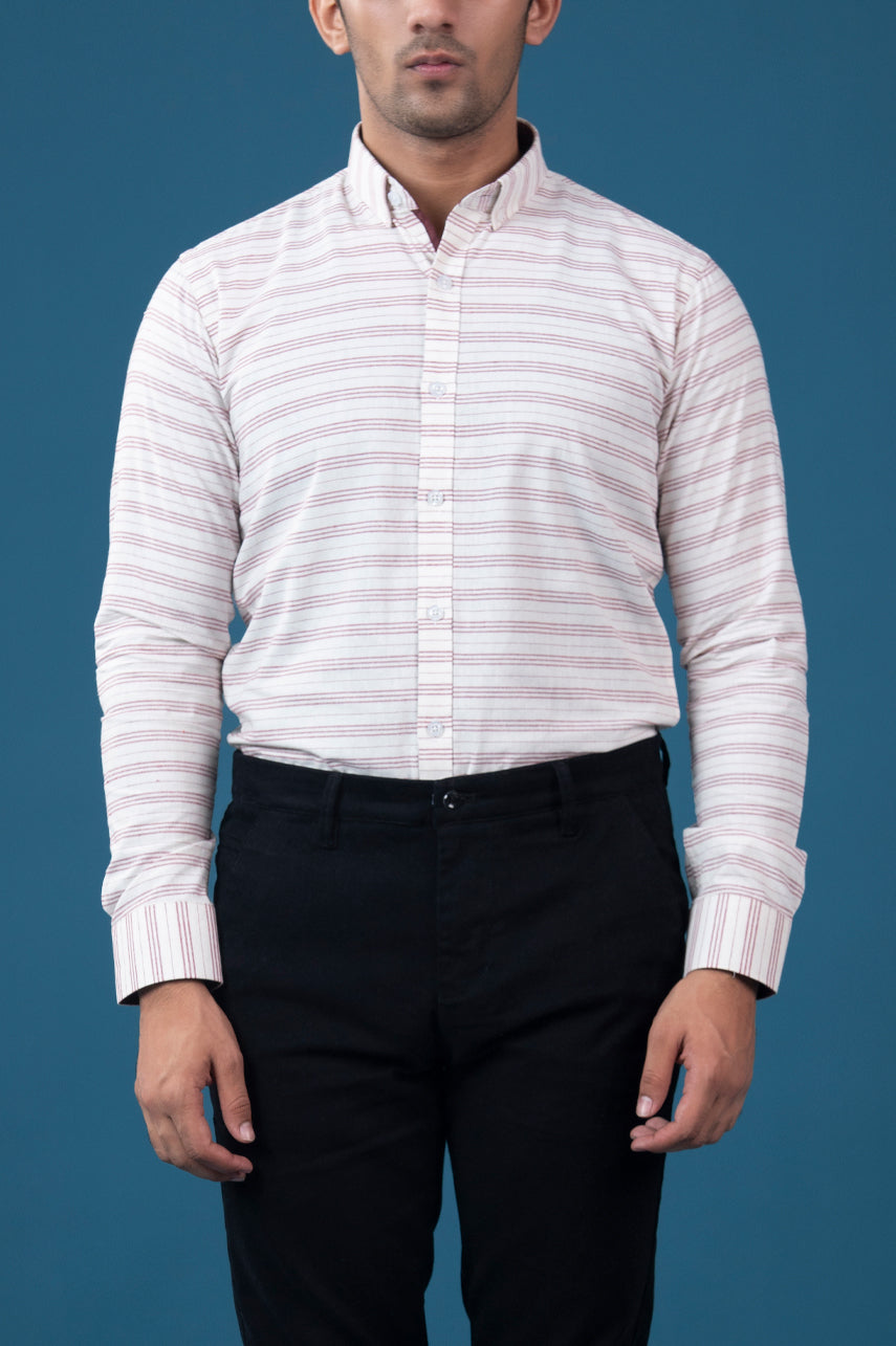 White & Red Striped Oxford Semi Formal Shirt