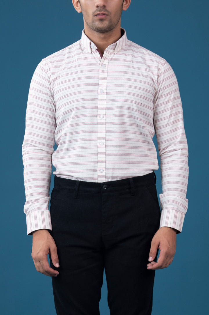 White & Red Striped Oxford Semi Formal Shirt