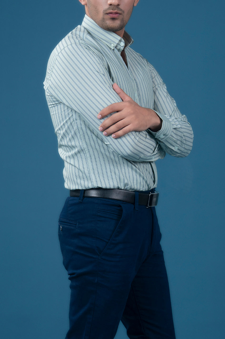 Green Striped Semi Formal Shirt