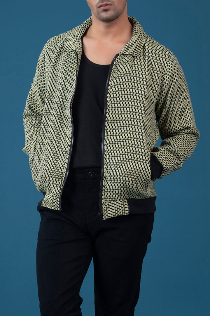 Weaved Collar Style Contrast Rib Jacket