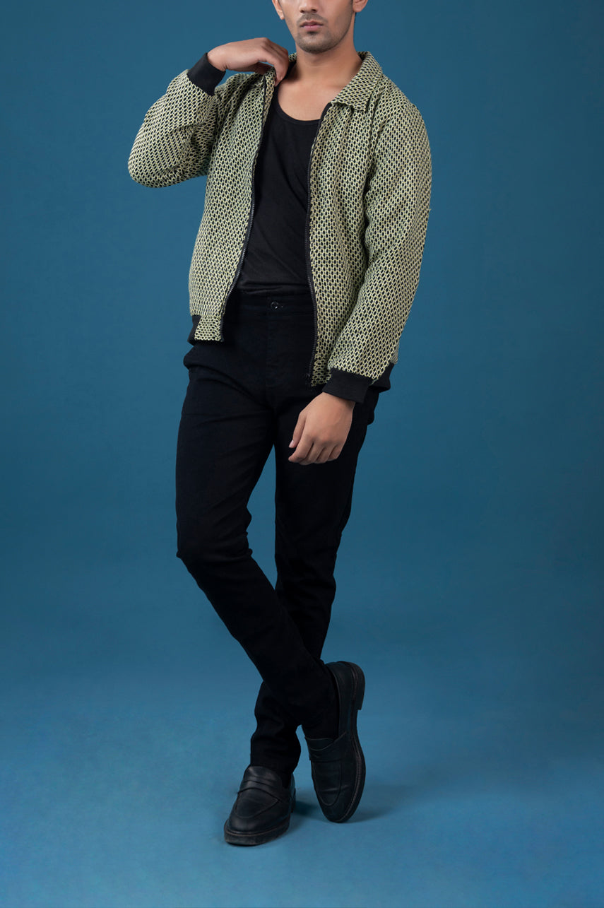 Weaved Collar Style Contrast Rib Jacket