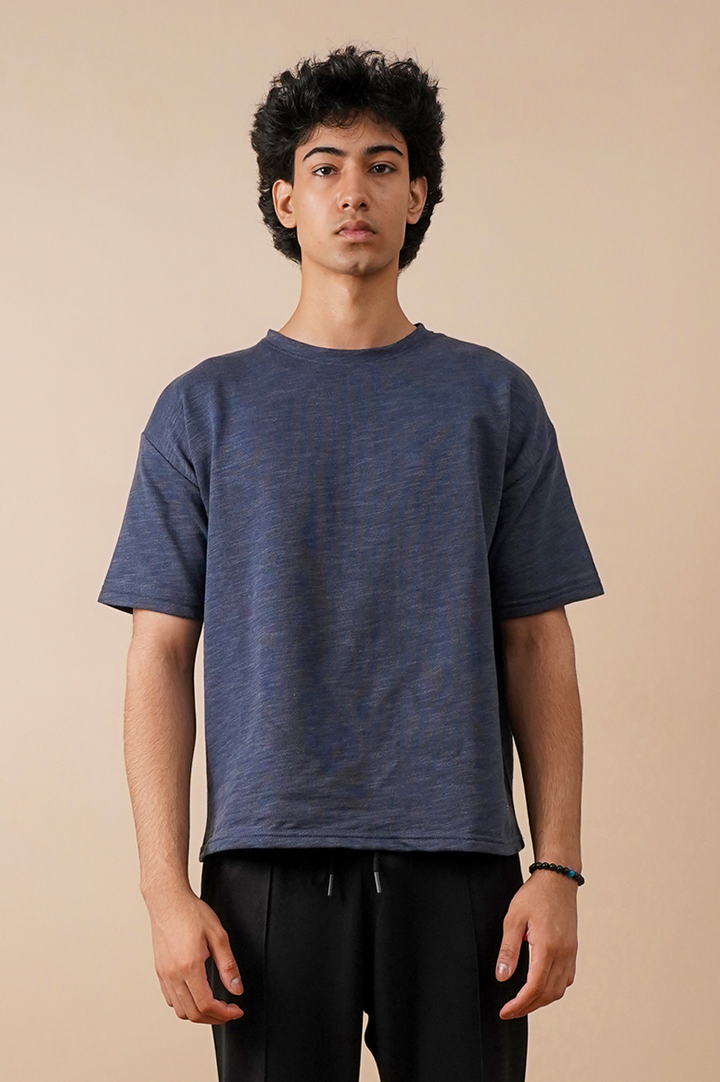 Melange Navy Textured Oversized T-Shirt