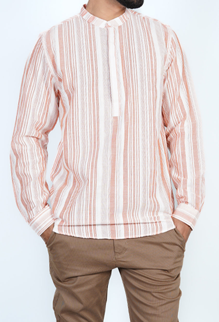 Rust & White Striped Kurta Shirt