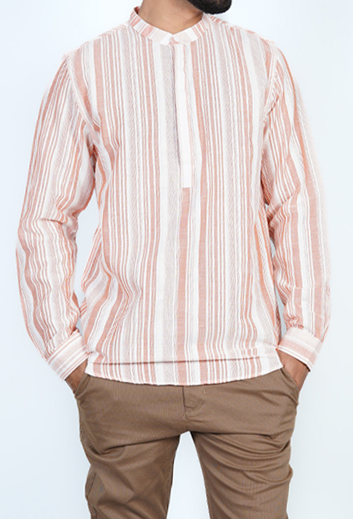 Rust & White Striped Kurta Shirt