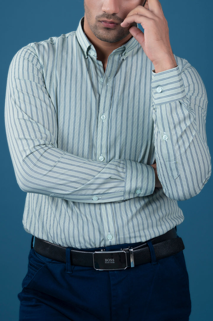 Green Striped Semi Formal Shirt