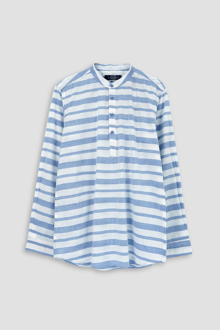 Striped Kurta Style Ban Collar Shirt