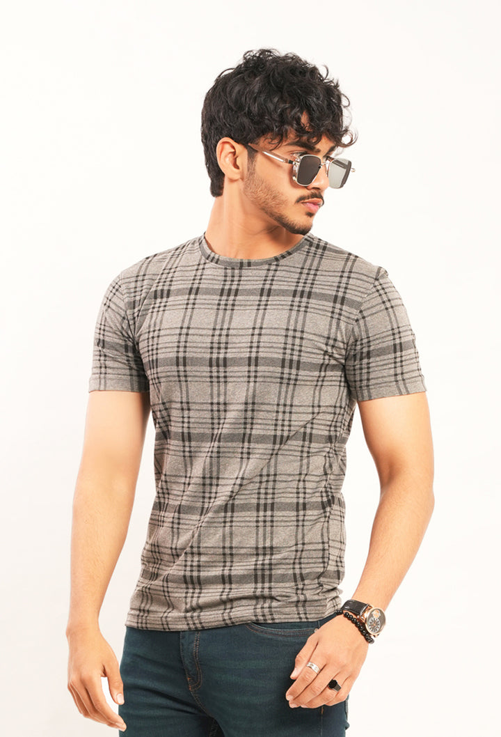 GREY CHECKERED COTTON T-SHIRT – SLIM FIT