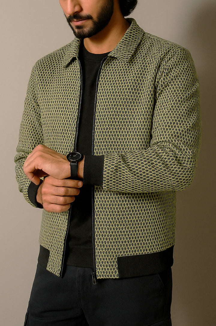 Weaved Collar Style Contrast Rib Jacket