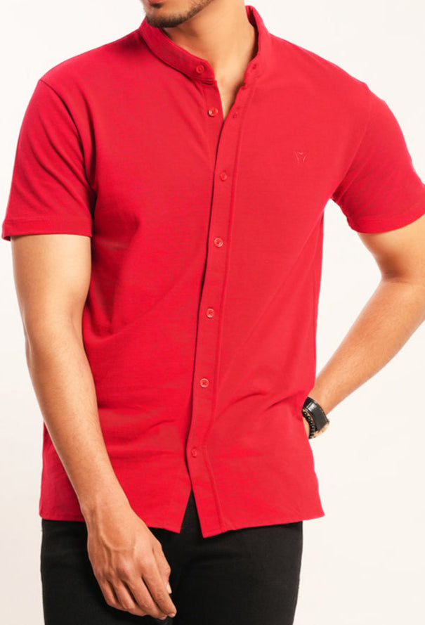 RED PK KNIT BUTTONED BAND COLLAR SHIRT