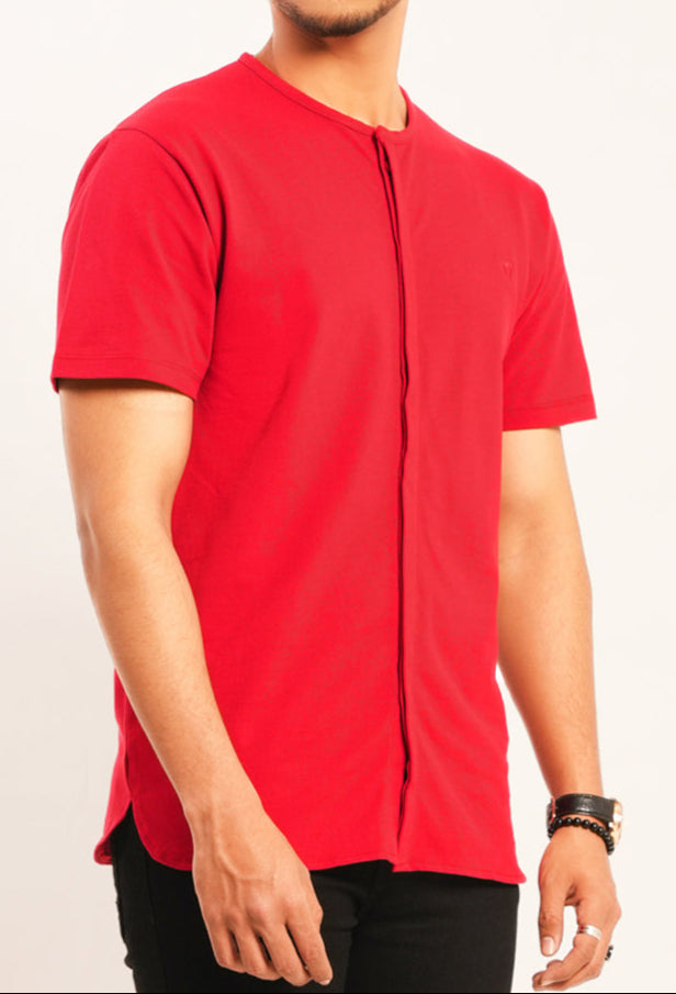 RED TEXTURED PK SHIRT WITH CONCEALED BUTTON PLACKET
