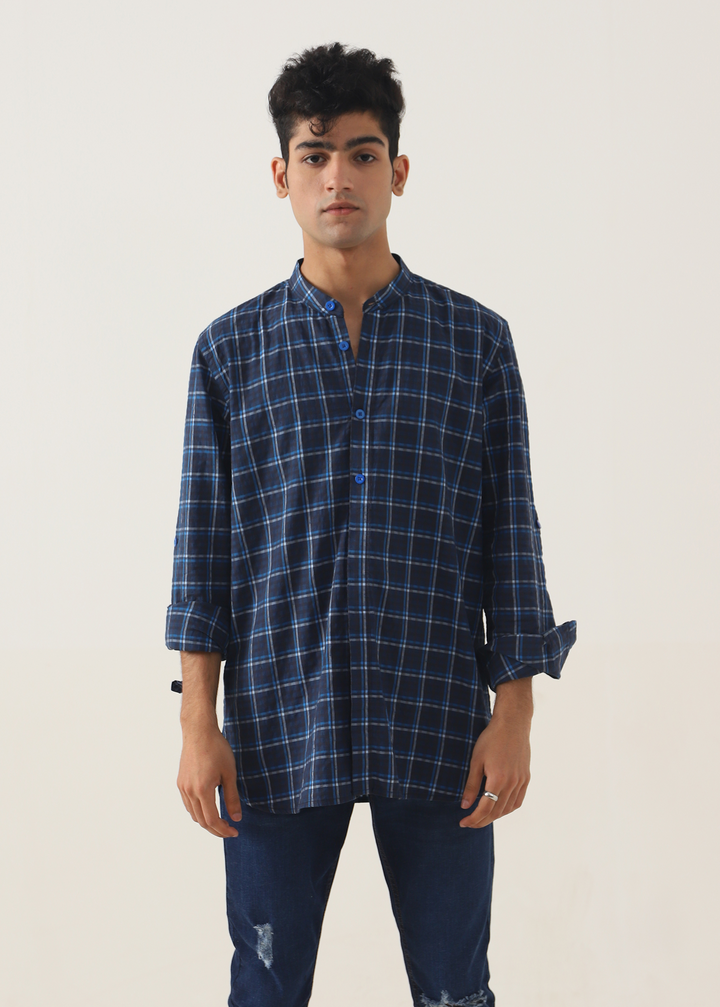 Band Collar Checkered Shirt