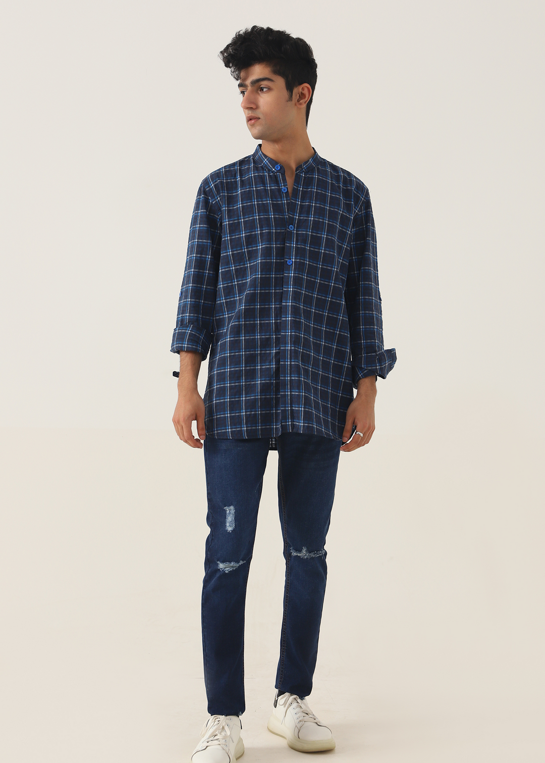 Band Collar Checkered Shirt