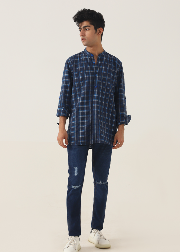 Band Collar Checkered Shirt